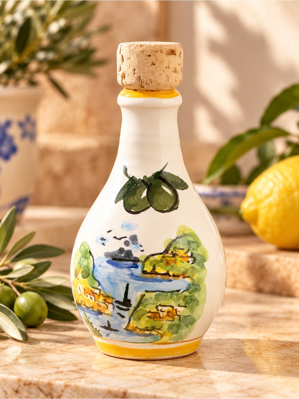 Italian Hand-Painted Ceramic Olive Oil Bottle – Sorrento, Italy